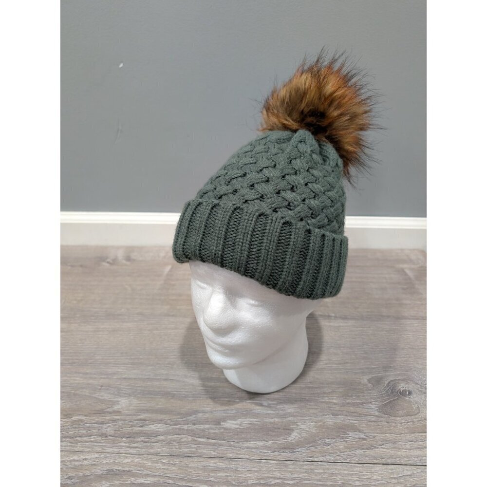 Mountain Warehouse FLEECE LINED Green Cable Knit PomPom Beanie Hat Winter Warm